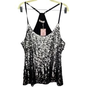New‎ Maner Black Silver Sequin Shiny Halter Stretch Spaghetti Strap Cami Top XXL